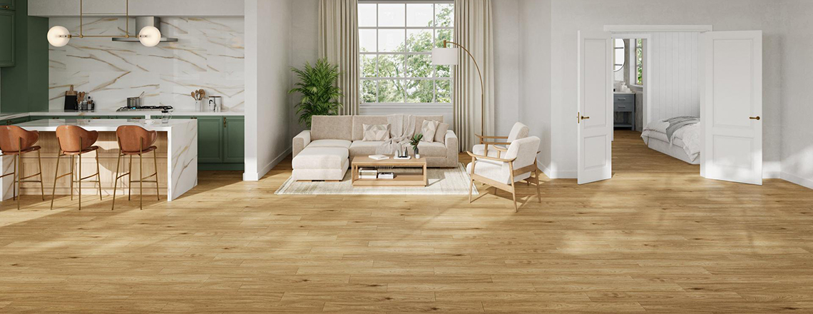 Kitchen, living room and bedroom with laminate flooring 